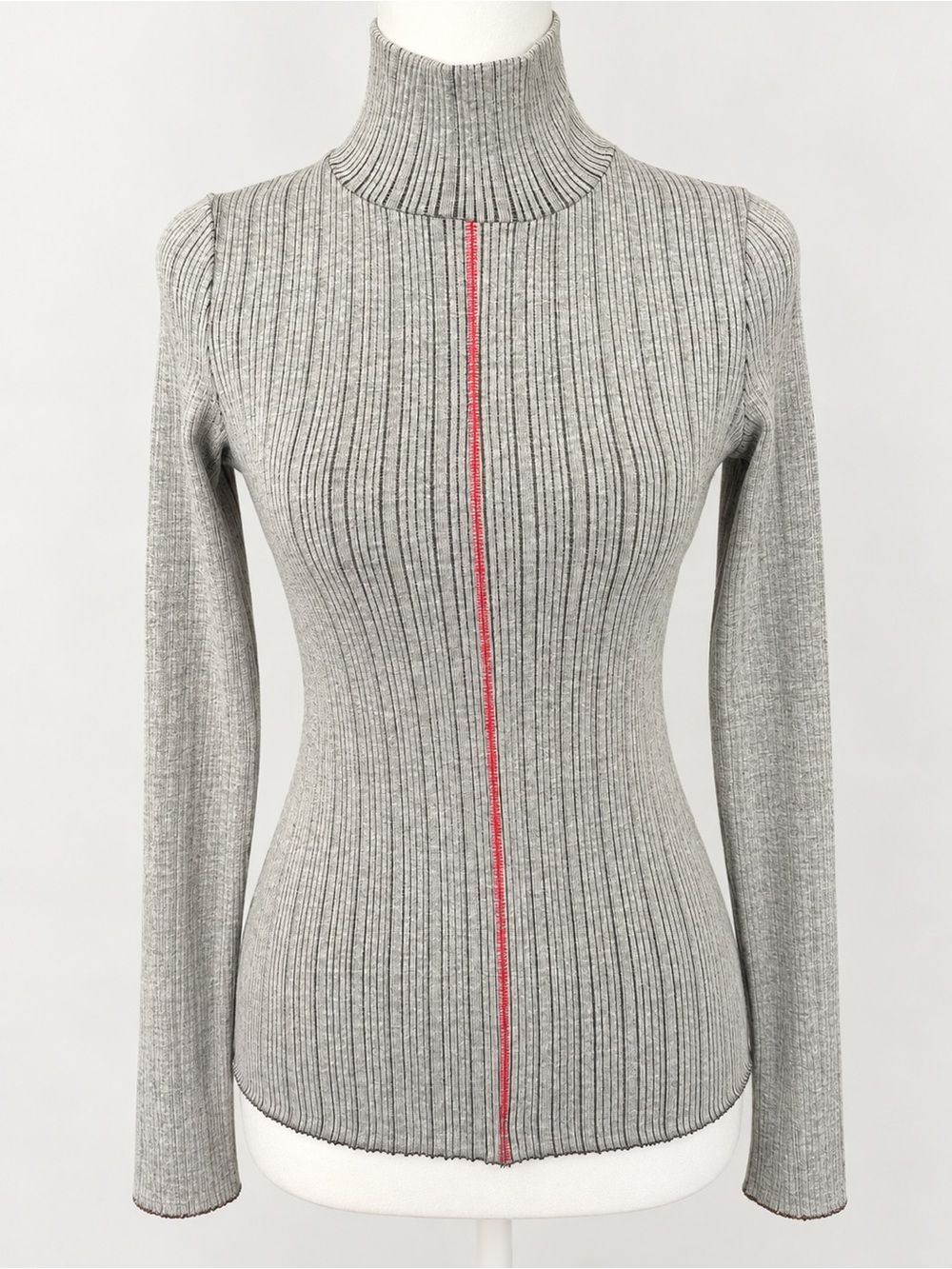 Rag & Bone Elina Ribbed Turtleneck Sweater Gray Red Stitch